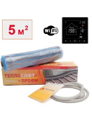 Теплый пол электрический под плитку 5 м2 750 Вт с умным черным Wi-Fi терморегулятором / Нагревательный мат Теплософт Профи